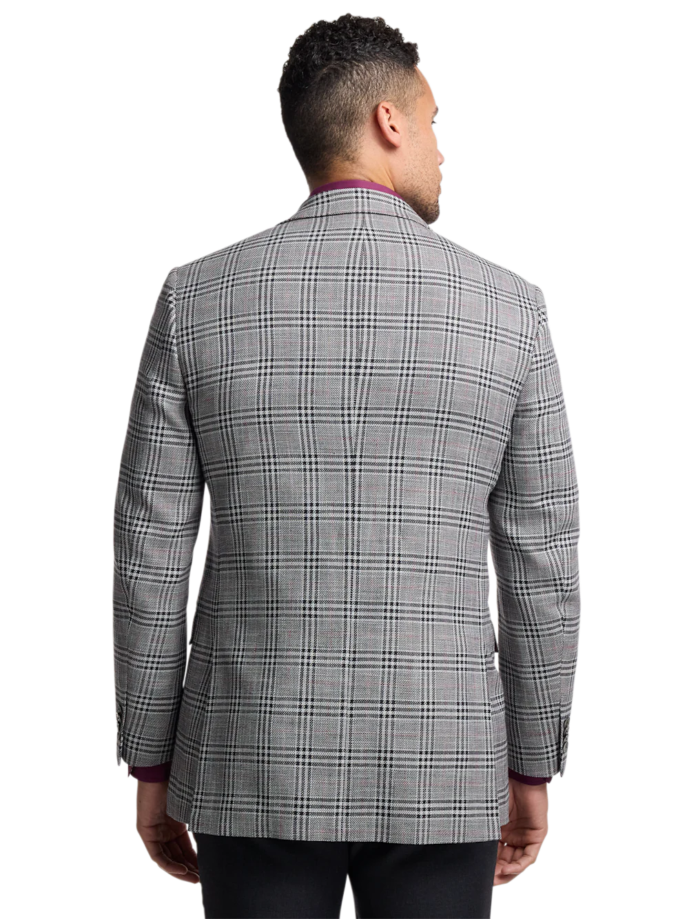 Black White Cotton Blend Plaid Double Breasted Peak Lapel Sport Coat - Black/white - Image 7