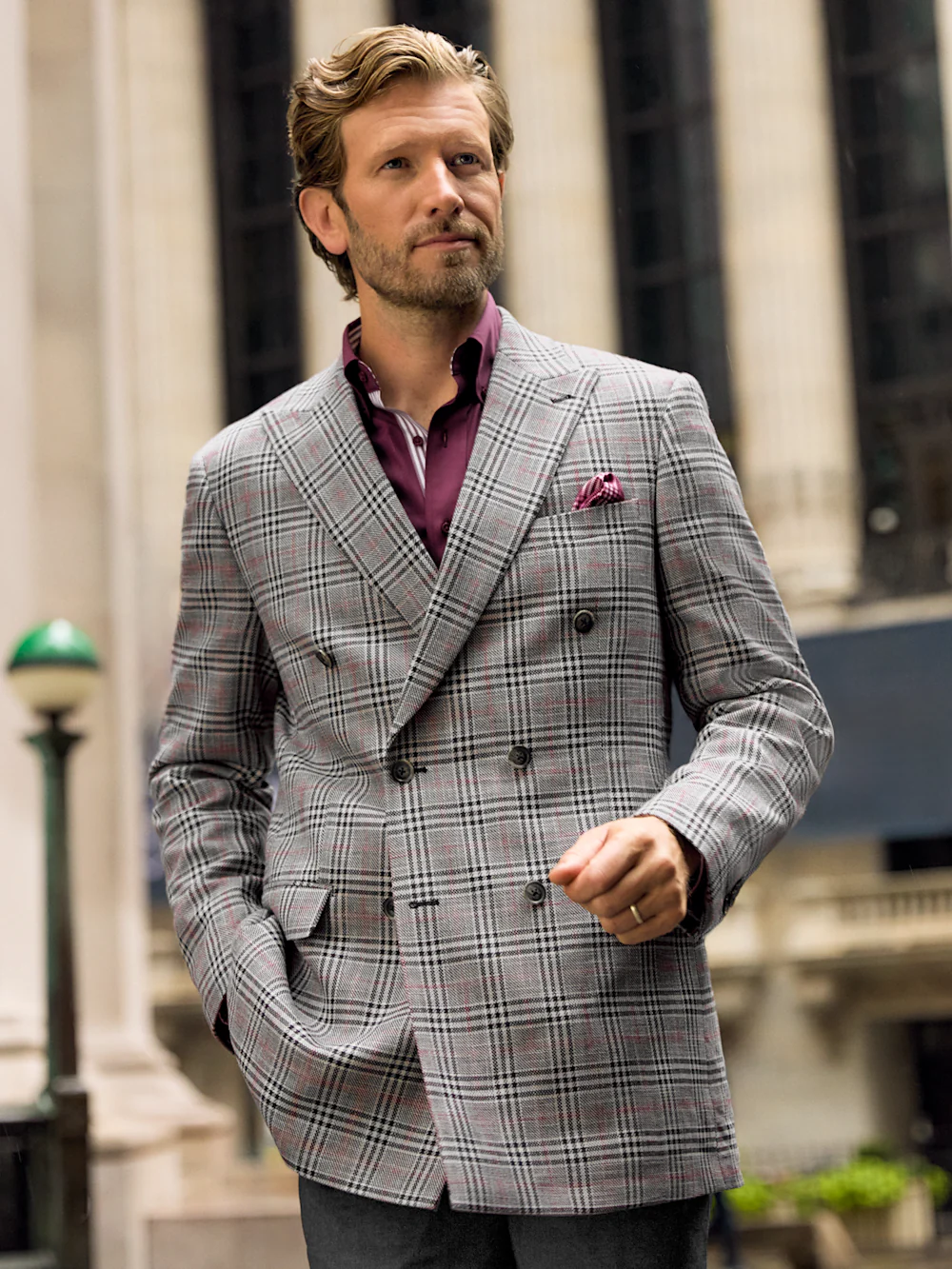 Black White Cotton Blend Plaid Double Breasted Peak Lapel Sport Coat - Black/white - Image 8