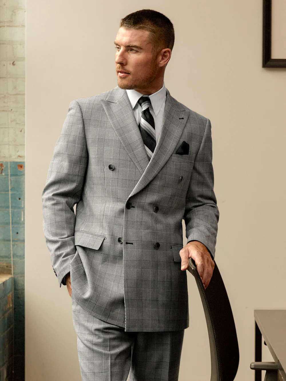 Black/White Plaid Houndstooth Double Breasted Peak Lapel Suit - Black/white - Image 10