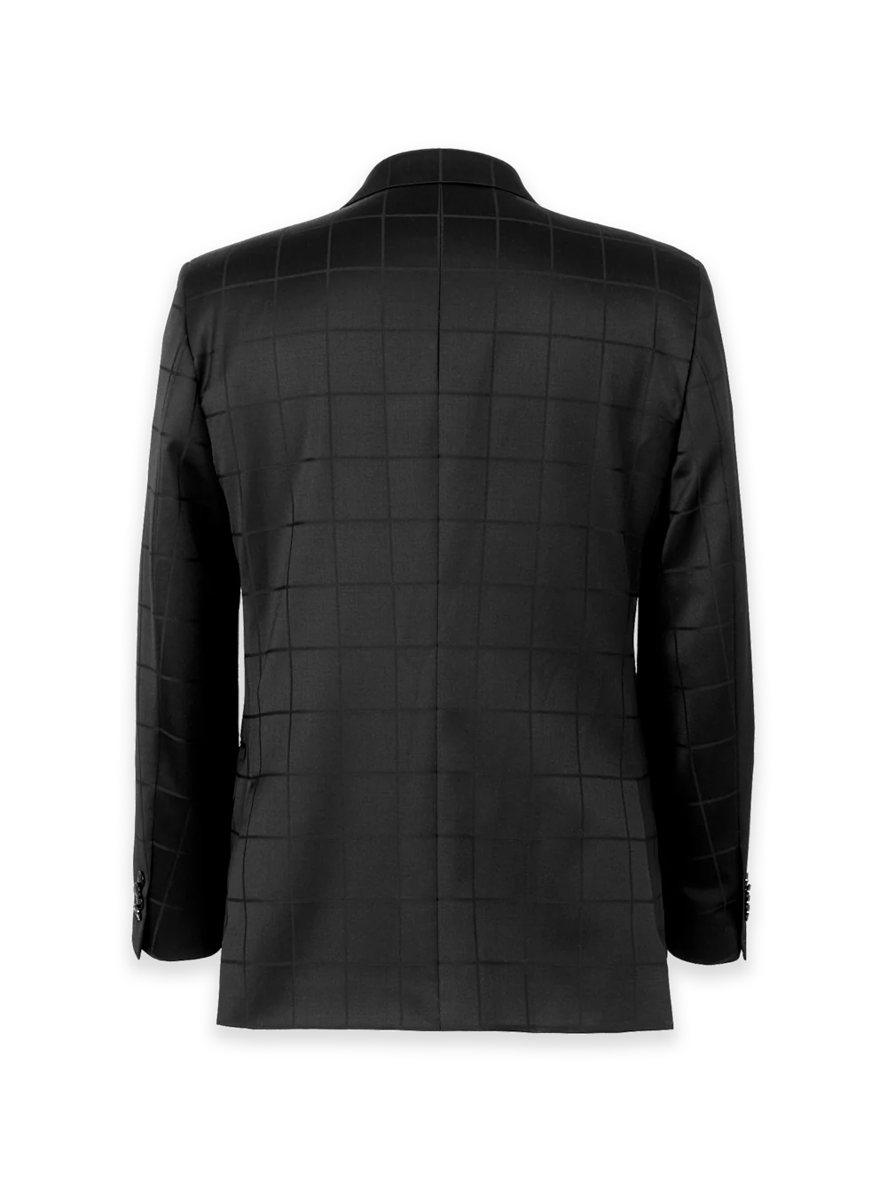 Black Wool Windowpane Double Breasted Peak Lapel Suit Jacket - Black - Image 2