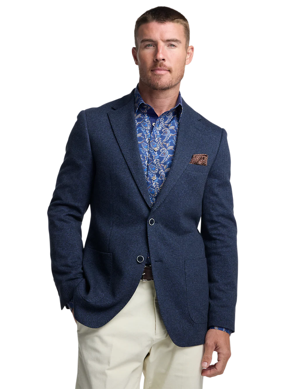 Blue Knit Herringbone Single Breasted Notch Lapel Sport Coat - Blue - Image 2