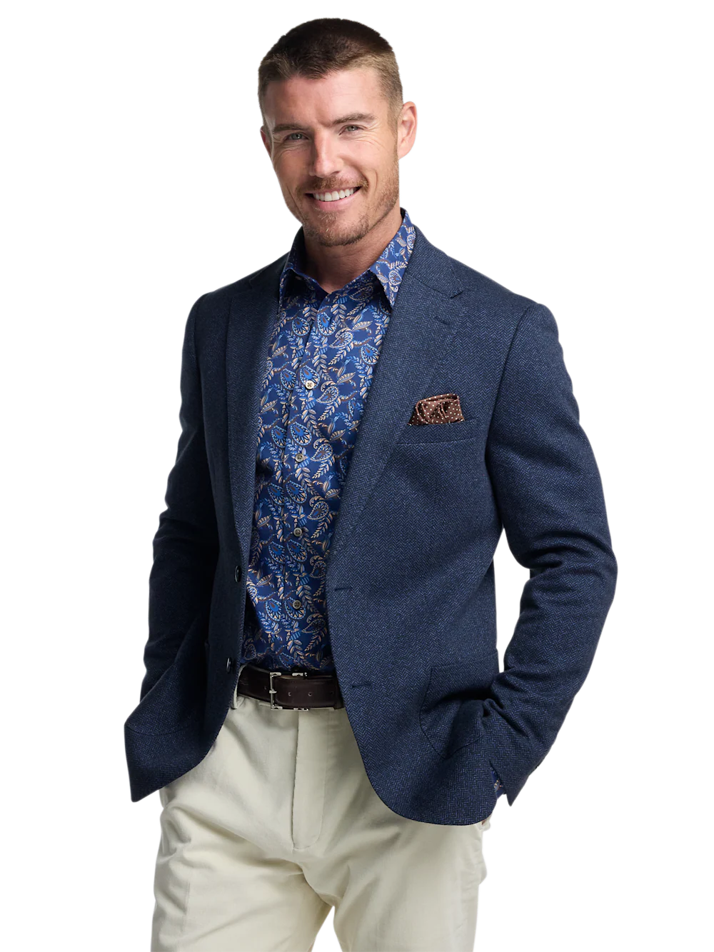 Blue Knit Herringbone Single Breasted Notch Lapel Sport Coat - Blue - Image 3