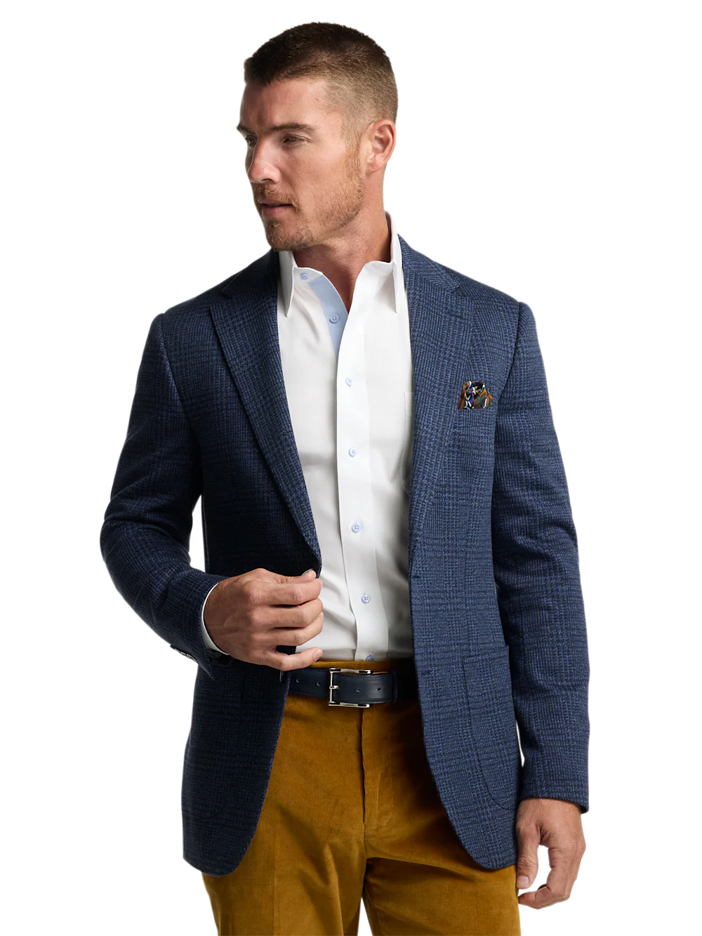 Blue Knit Plaid Single Breasted Notch Lapel Sport Coat - Blue - Image 3