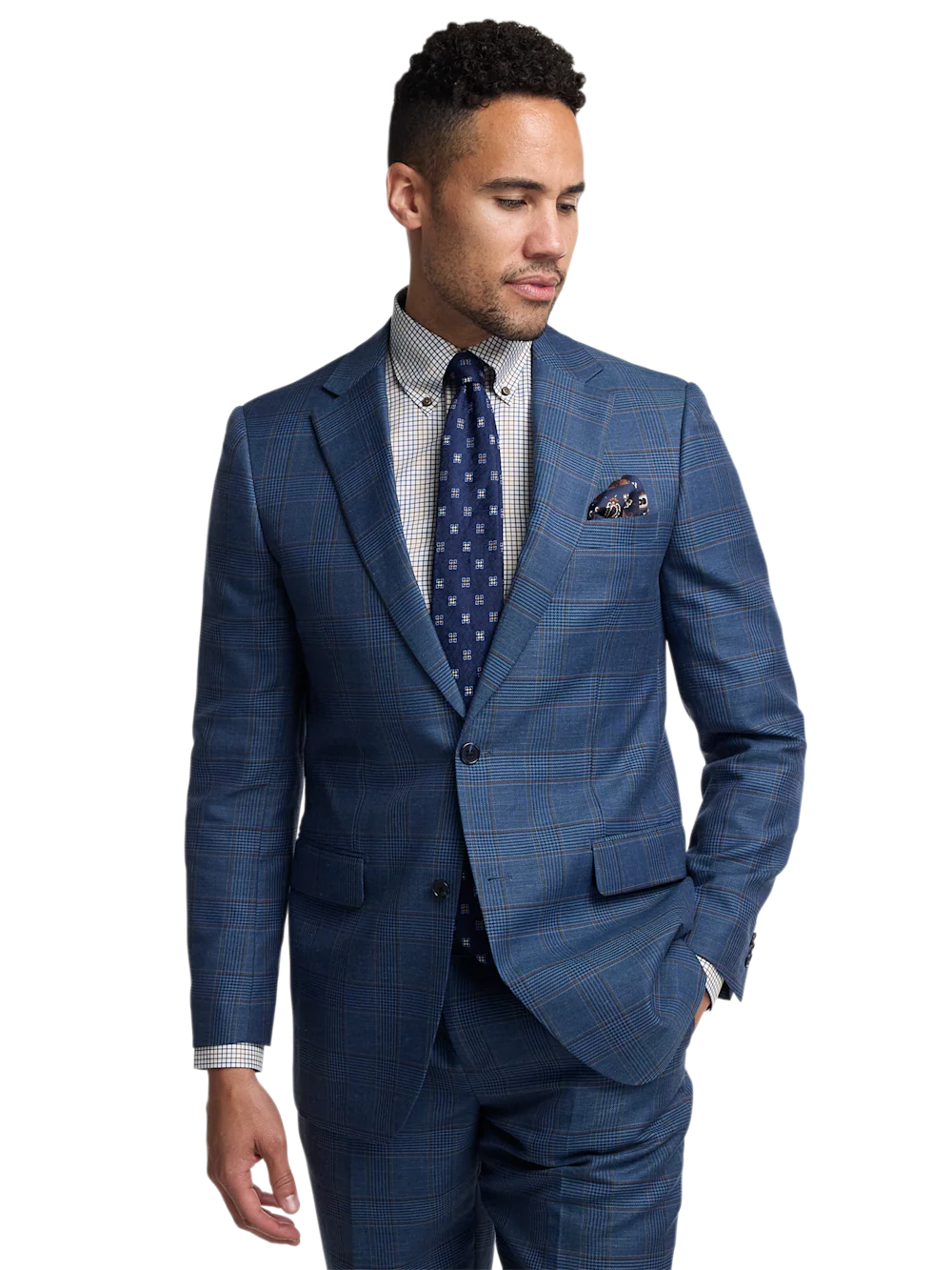 Blue/Tan Wool Blend Plaid Single Breasted Notch Lapel Suit Jacket - Blue/tan - Image 2