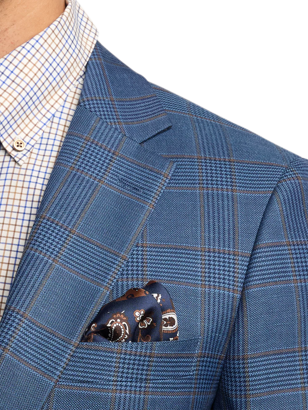 Blue/Tan Wool Blend Plaid Single Breasted Notch Lapel Suit Jacket - Blue/tan - Image 6