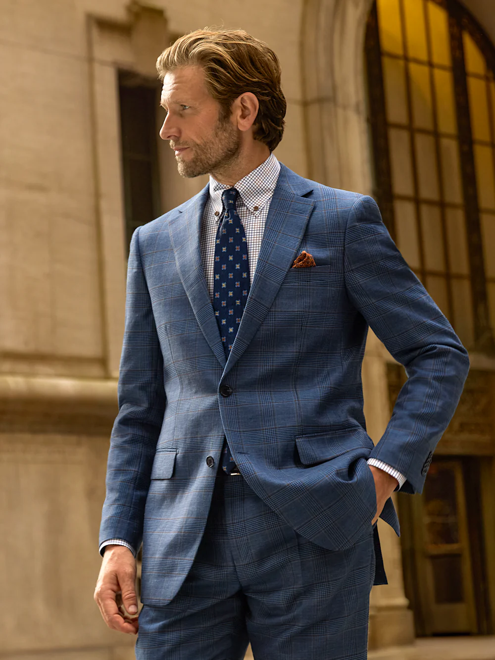 Blue/Tan Wool Blend Plaid Single Breasted Notch Lapel Suit Jacket - Blue/tan - Image 8