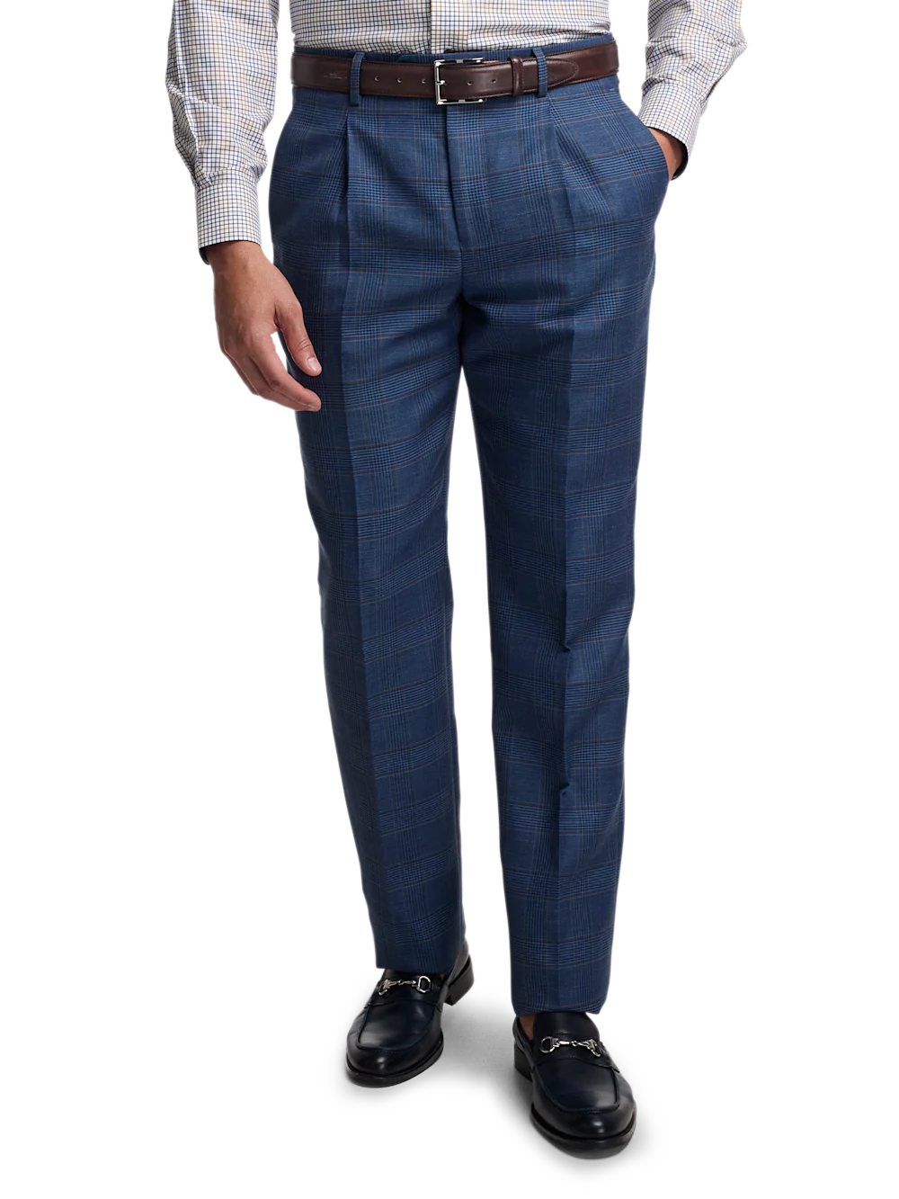 Blue/Tan Wool Blend Plaid Single Pleat Suit Pants - Blue/tan - Image 2