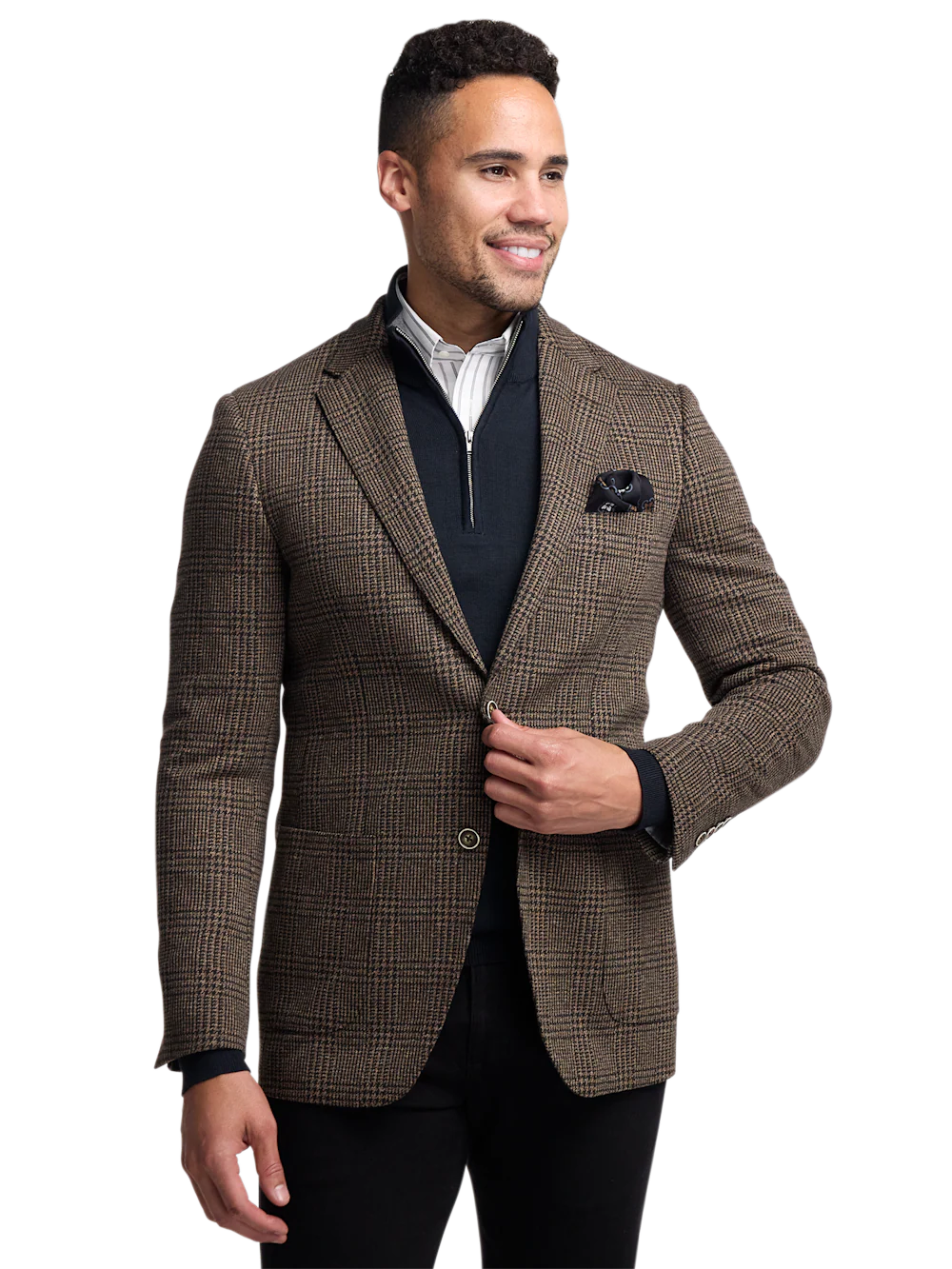Brown Knit Plaid Single Breasted Notch Lapel Sport Coat - Brown - Image 2
