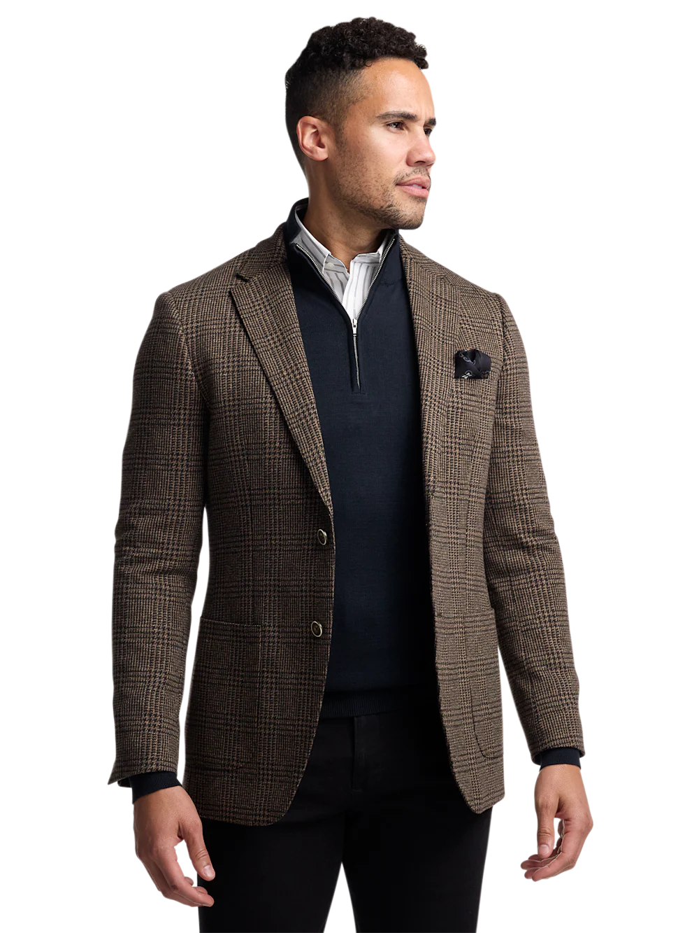 Brown Knit Plaid Single Breasted Notch Lapel Sport Coat - Brown - Image 3