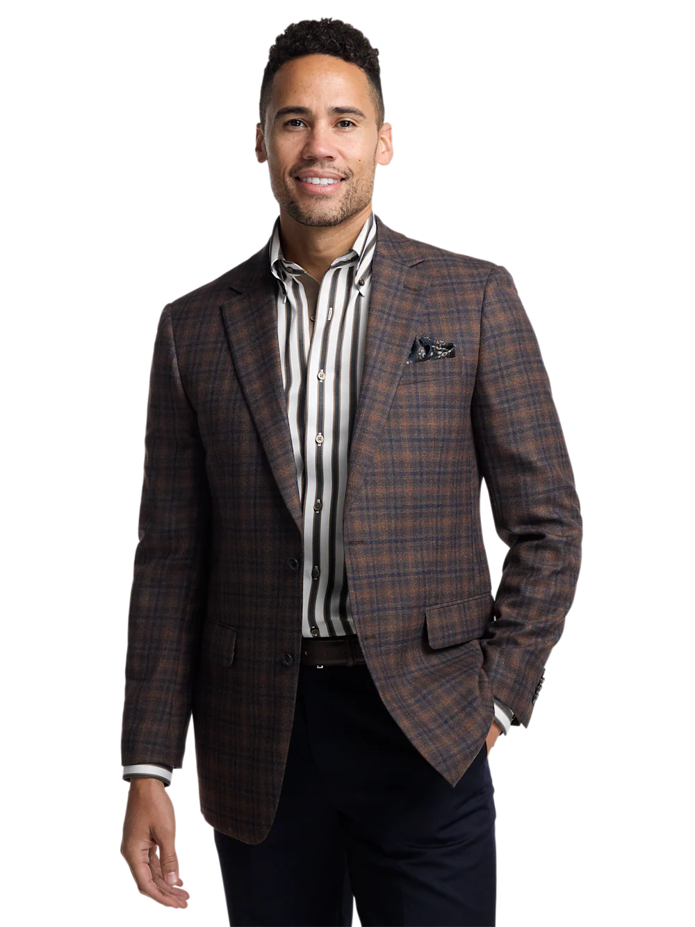 Brown/Navy Wool Blend Plaid Single Breasted Notch Lapel Sport Coat - Brown/navy - Image 3