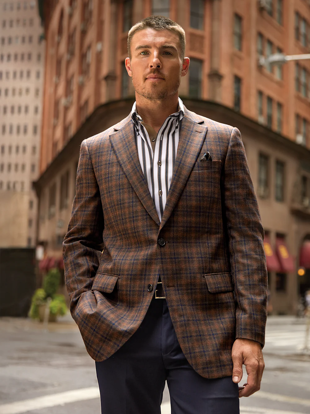Brown/Navy Wool Blend Plaid Single Breasted Notch Lapel Sport Coat - Brown/navy - Image 9
