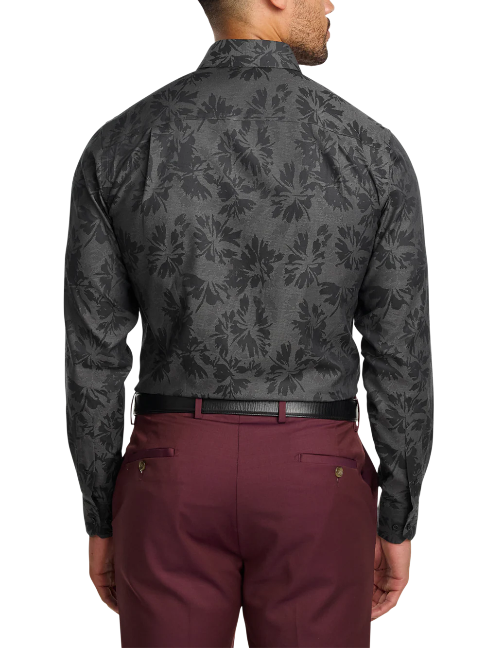 Comfort Stretch Non-Iron Botanical Dress Shirt With Contrast Trim - Charcoal - Image 5