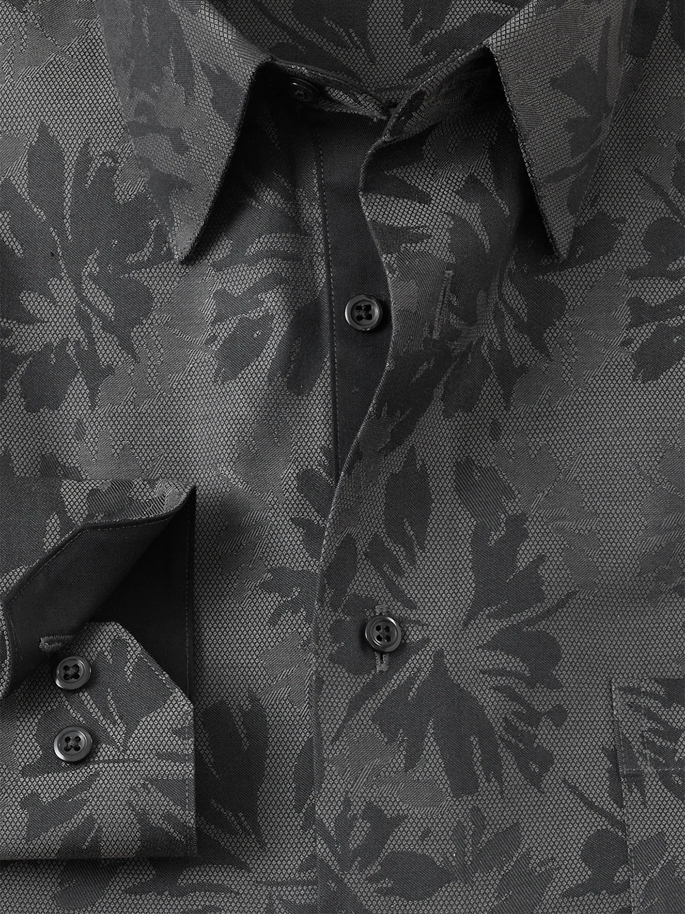 Comfort Stretch Non-Iron Botanical Dress Shirt With Contrast Trim - Charcoal - Image 6