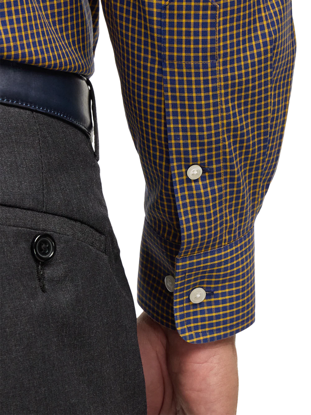 Comfort Stretch Non-Iron Check Dress Shirt With Contrast Trim - Navy/gold - Image 4