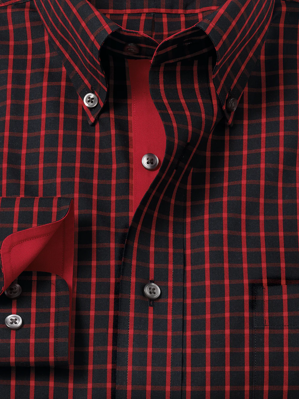 Comfort Stretch Non-Iron Check Dress Shirt With Contrast Trim - Black/red - Image 6