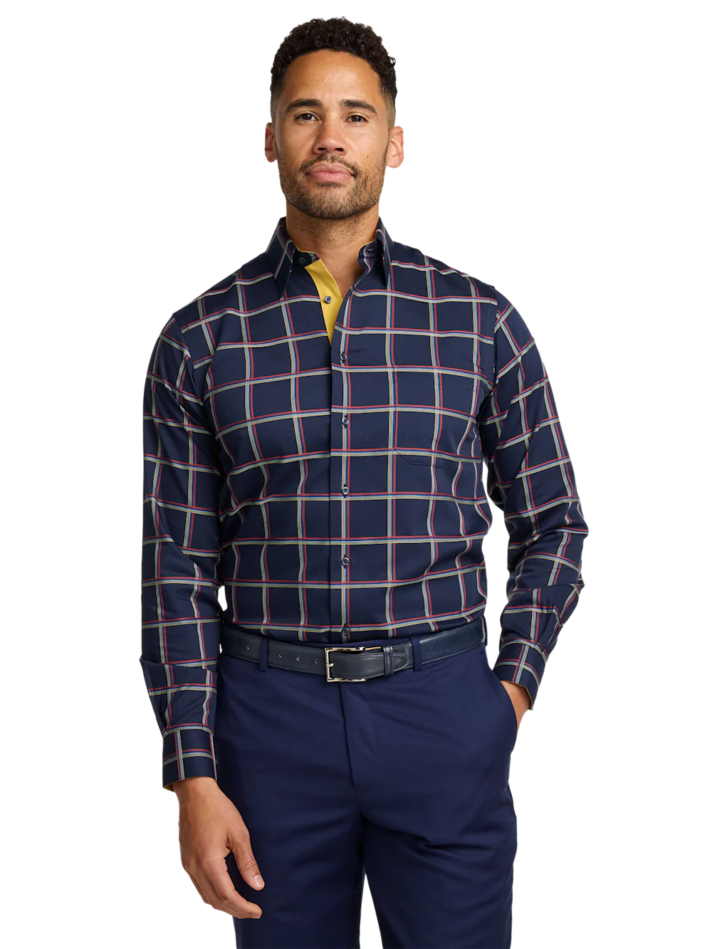 Comfort Stretch Non-Iron Check Dress Shirt With Contrast Trim - Navy Multi - Image 2