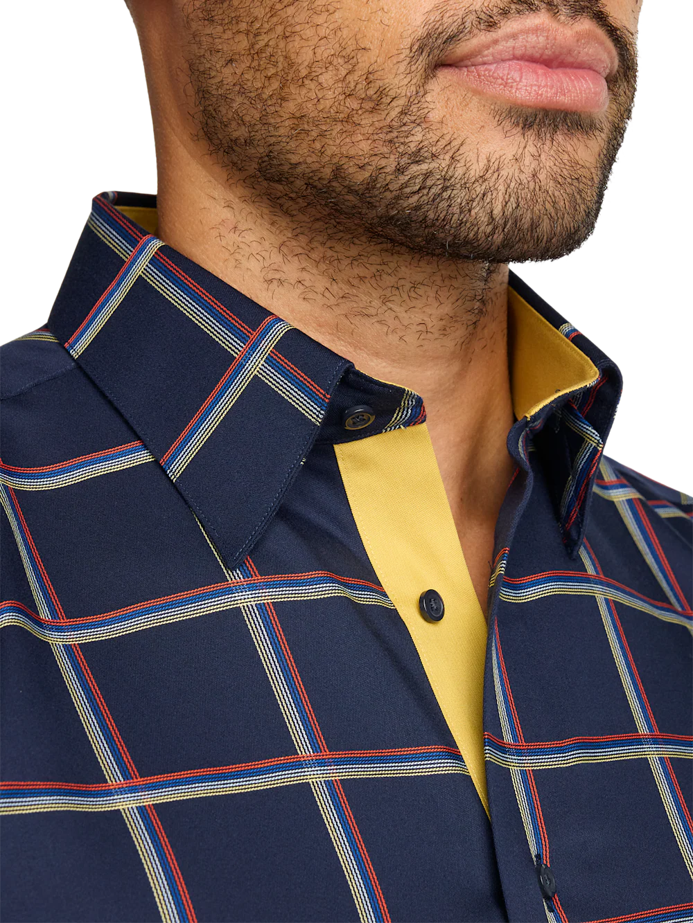 Comfort Stretch Non-Iron Check Dress Shirt With Contrast Trim - Navy Multi - Image 3