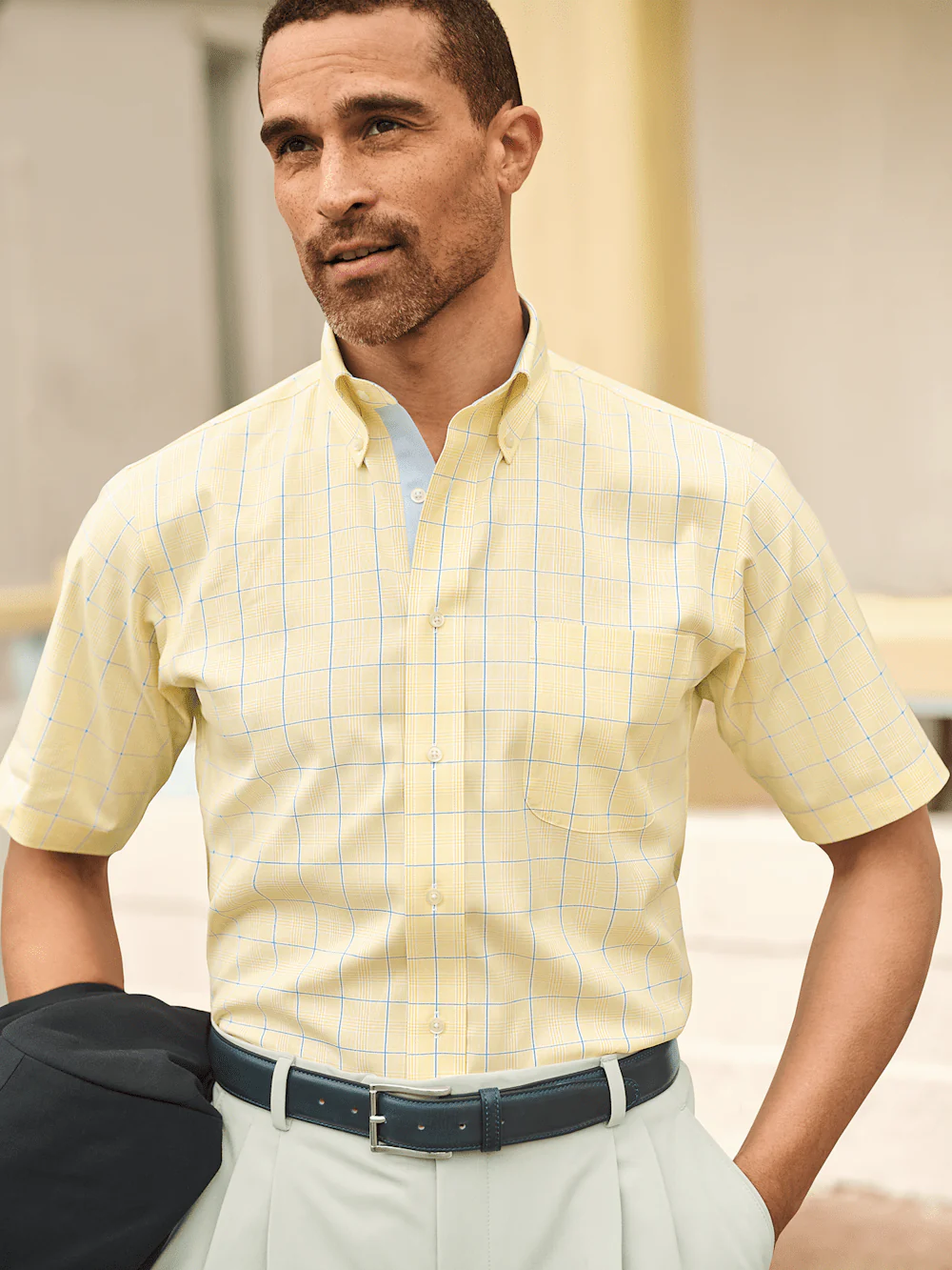 Comfort Stretch Non-Iron Check Dress Shirt With Contrast Trim - Yellow - Image 8