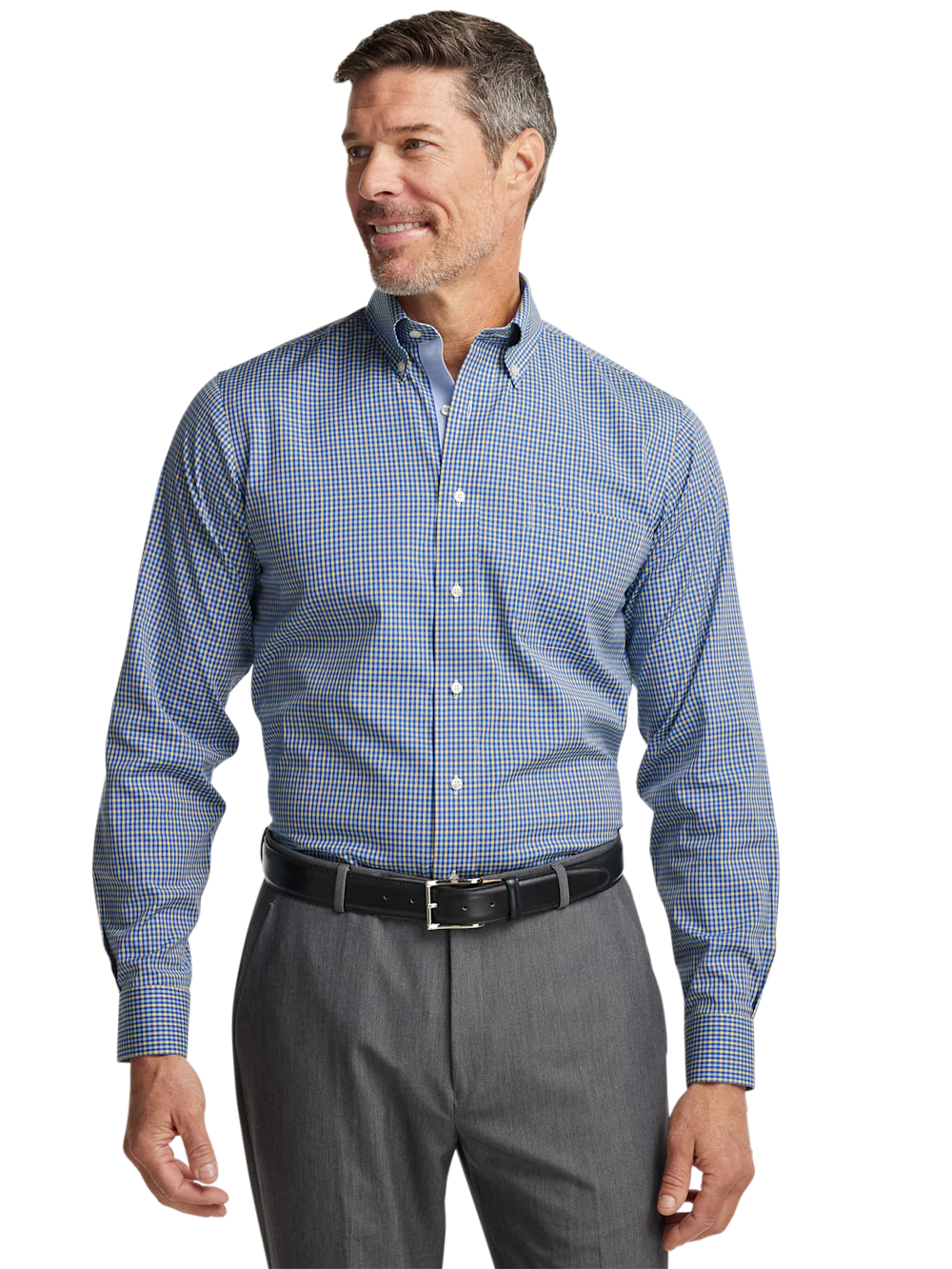 Comfort Stretch Non-Iron Check Dress Shirt With Contrast Trim - Blue/yellow - Image 2