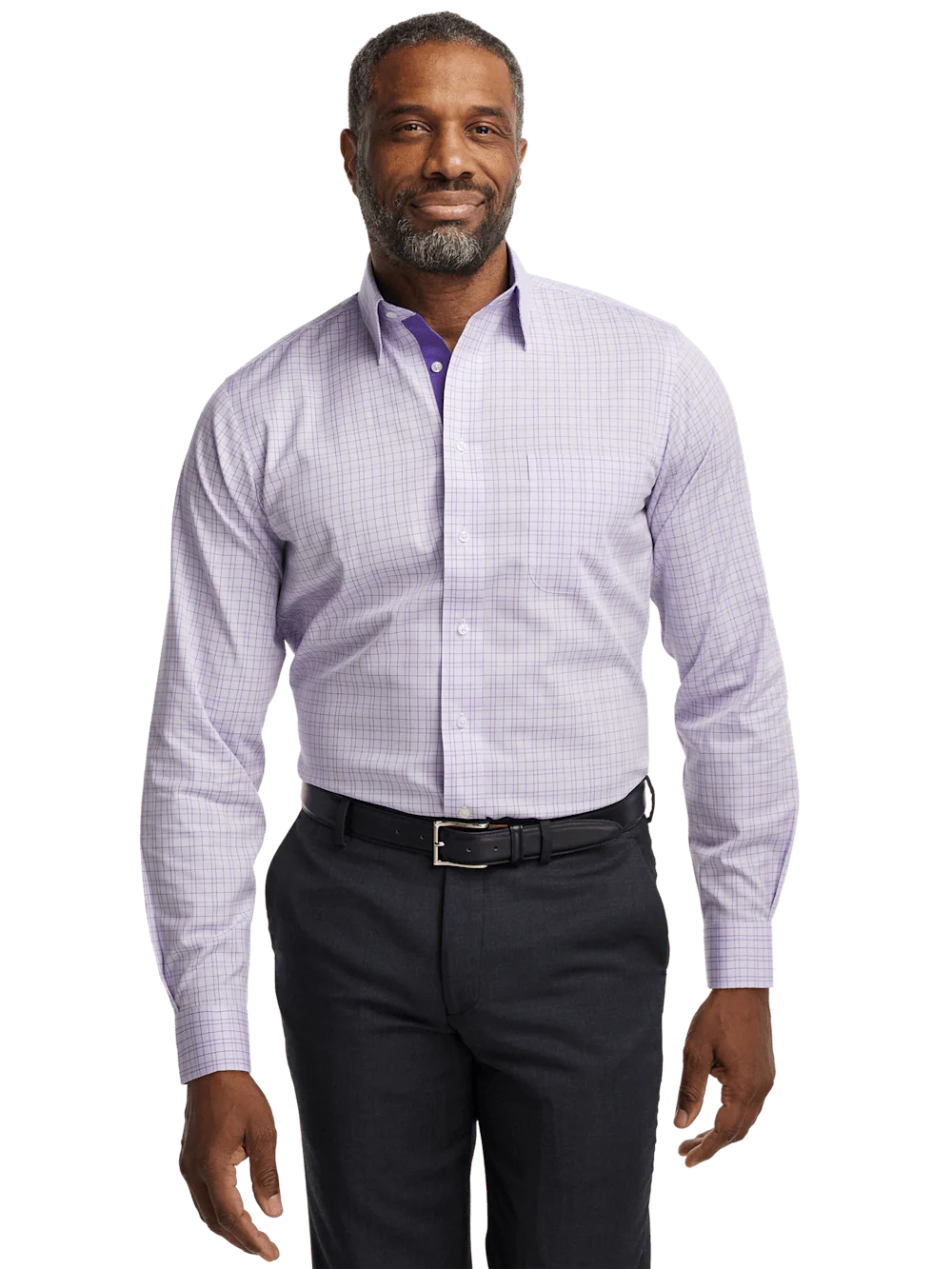 Comfort Stretch Non-Iron Check Dress Shirt With Contrast Trim - Purple - Image 2
