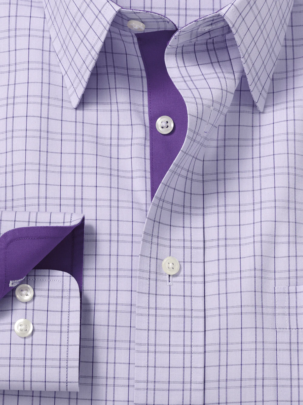 Comfort Stretch Non-Iron Check Dress Shirt With Contrast Trim - Purple - Image 6