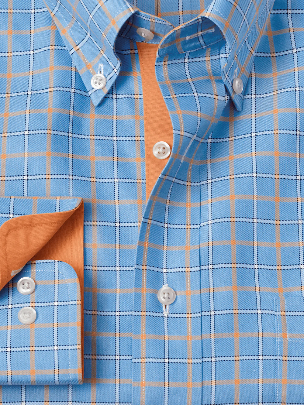 Comfort Stretch Non-Iron Check Dress Shirt With Contrast Trim - Blue/melon - Image 6