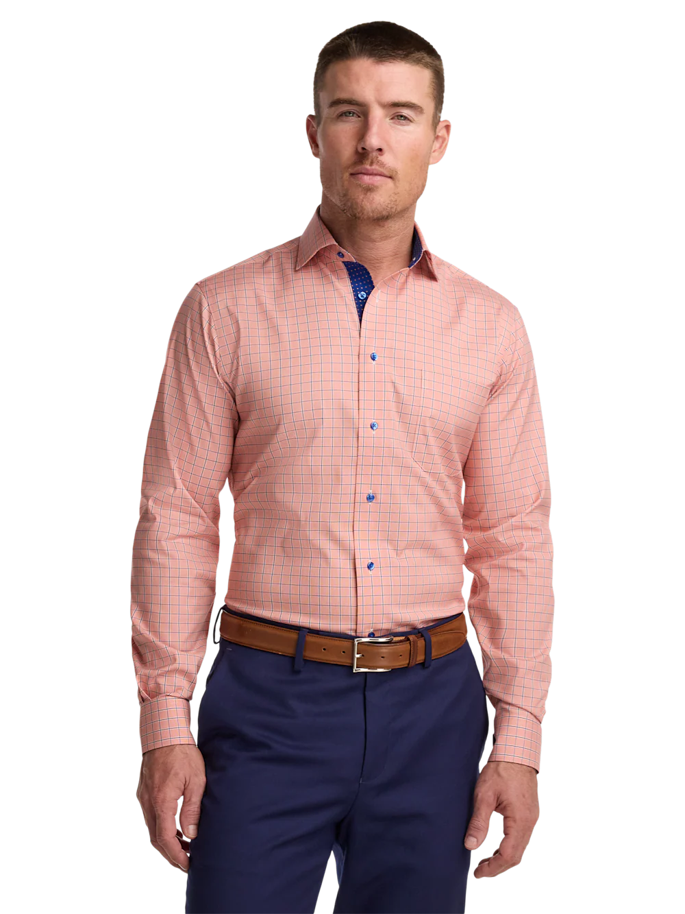 Comfort Stretch Non-Iron Check Dress Shirt With Contrast Trim - Melon/navy - Image 2