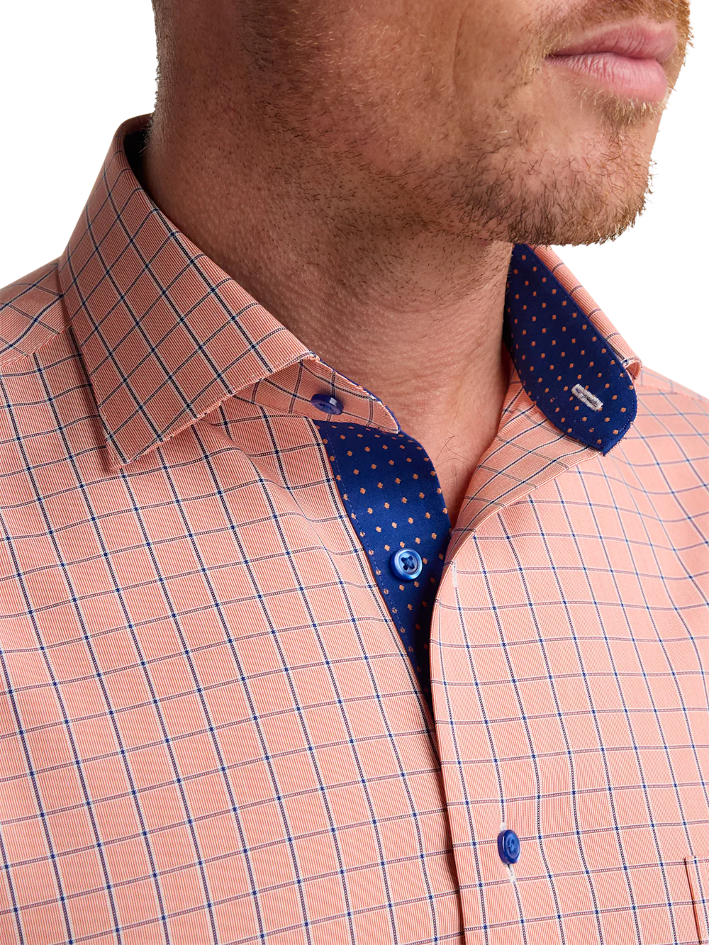 Comfort Stretch Non-Iron Check Dress Shirt With Contrast Trim - Melon/navy - Image 3