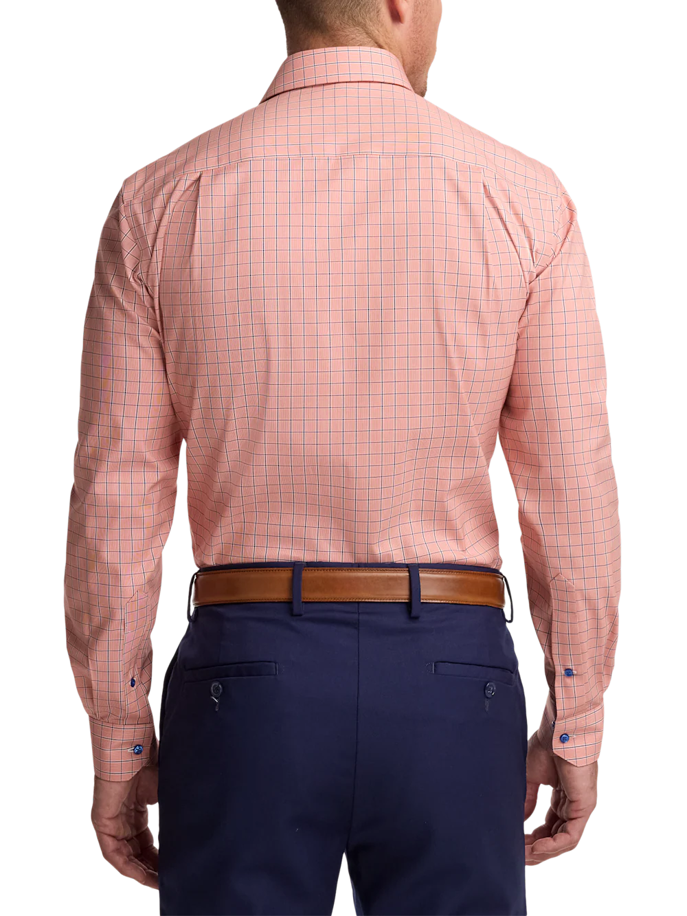 Comfort Stretch Non-Iron Check Dress Shirt With Contrast Trim - Melon/navy - Image 5