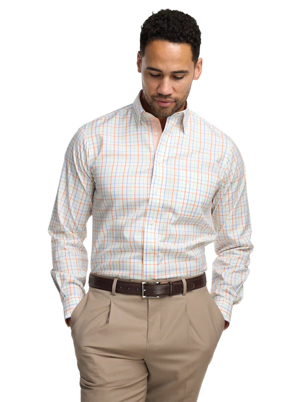 Comfort Stretch Non-Iron Check Dress Shirt With Contrast Trim - Melon/blue - Image 2