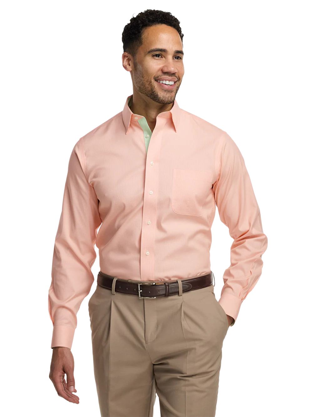 Comfort Stretch Non-Iron Check Dress Shirt With Contrast Trim - Melon - Image 2