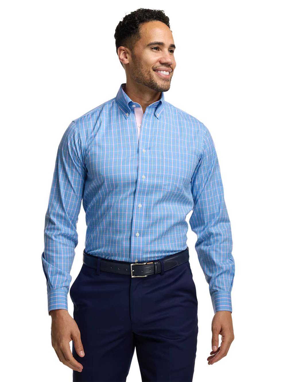 Comfort Stretch Non-Iron Check Dress Shirt With Contrast Trim - Blue/pink - Image 2