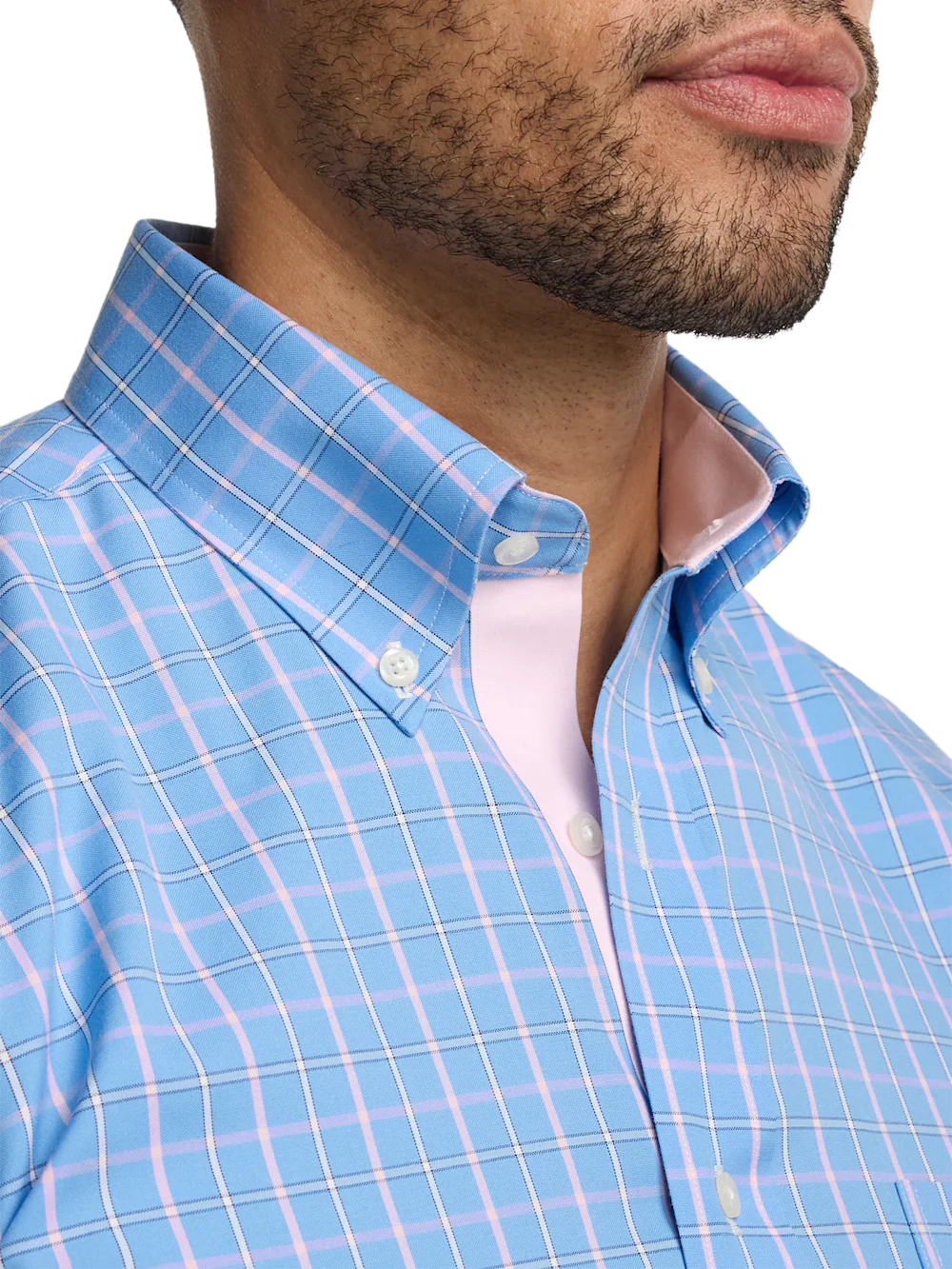 Comfort Stretch Non-Iron Check Dress Shirt With Contrast Trim - Blue/pink - Image 3