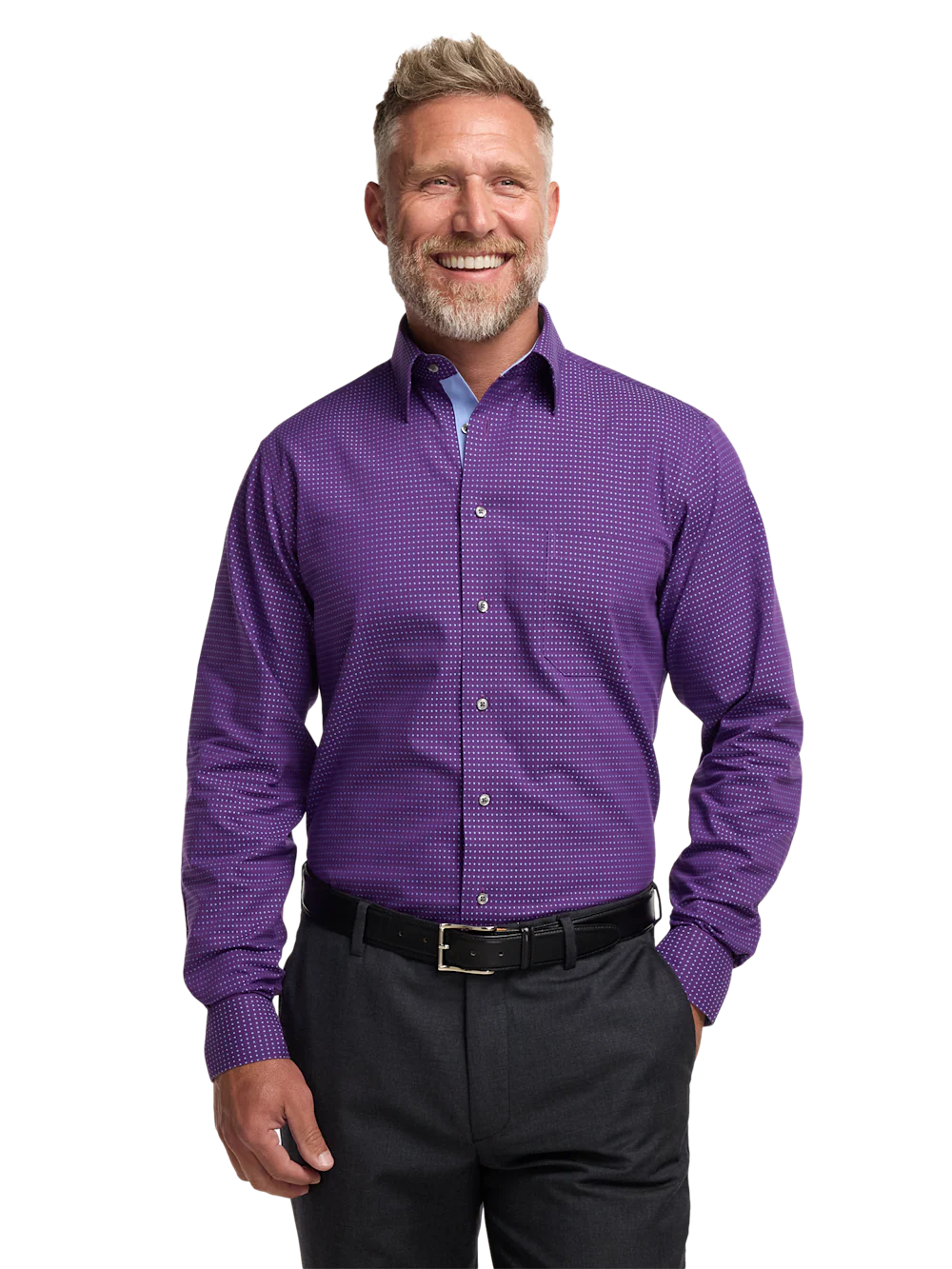 Comfort Stretch Non-Iron Dot Dress Shirt With Contrast Trim - Purple - Image 2