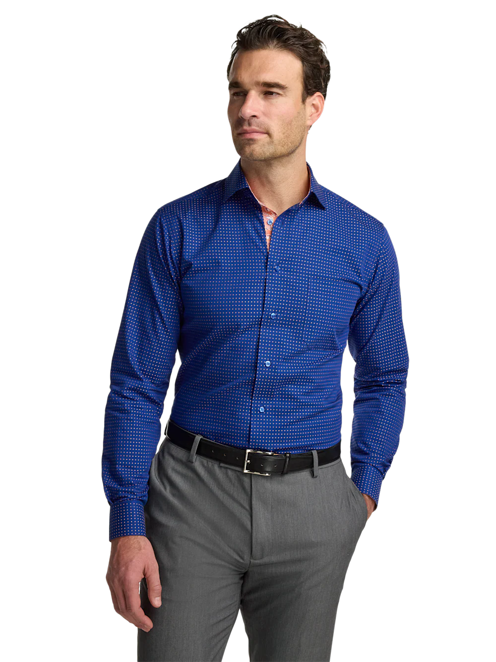 Comfort Stretch Non-Iron Dot Dress Shirt With Contrast Trim - Navy/melon - Image 2