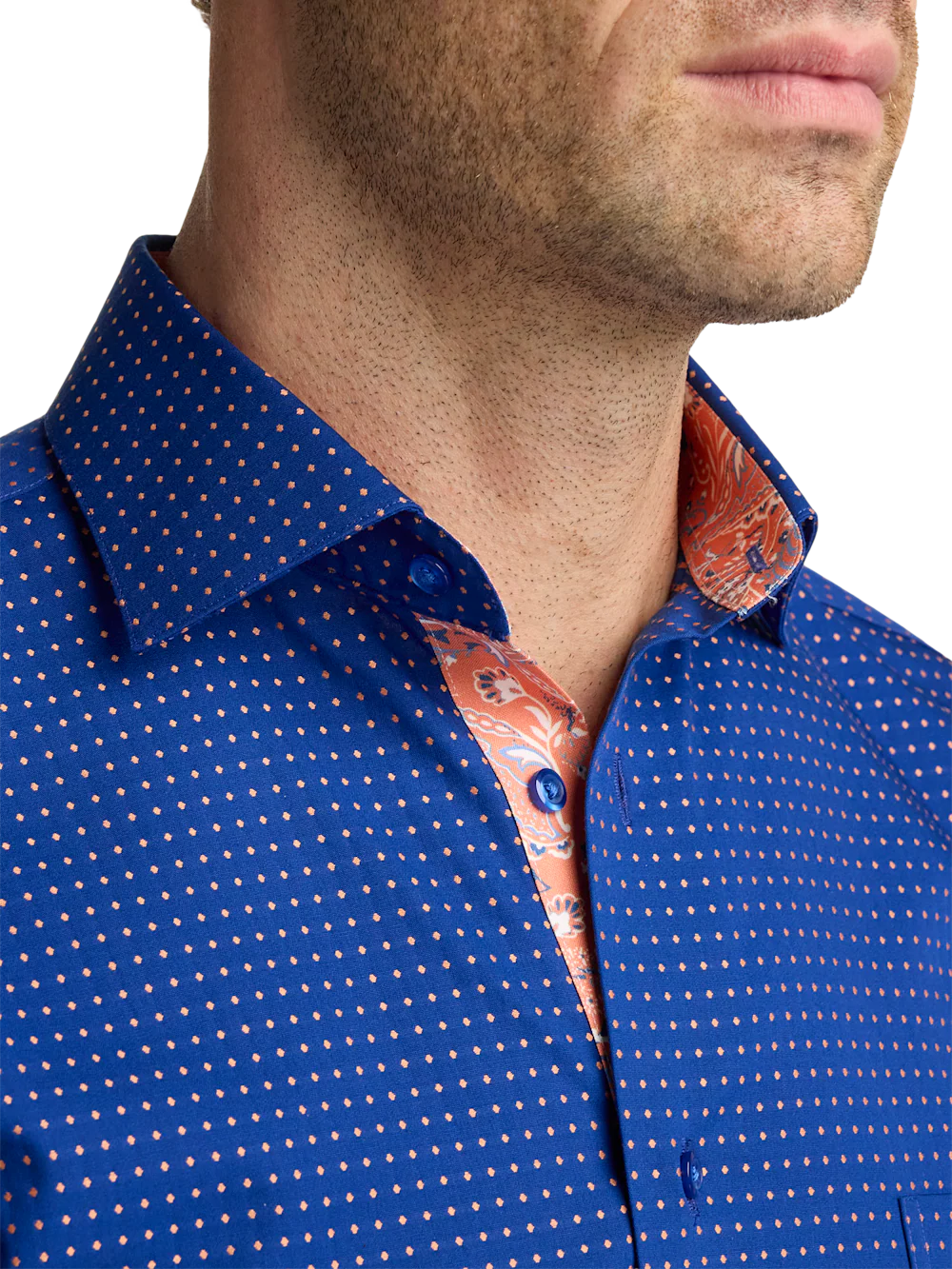 Comfort Stretch Non-Iron Dot Dress Shirt With Contrast Trim - Navy/melon - Image 3