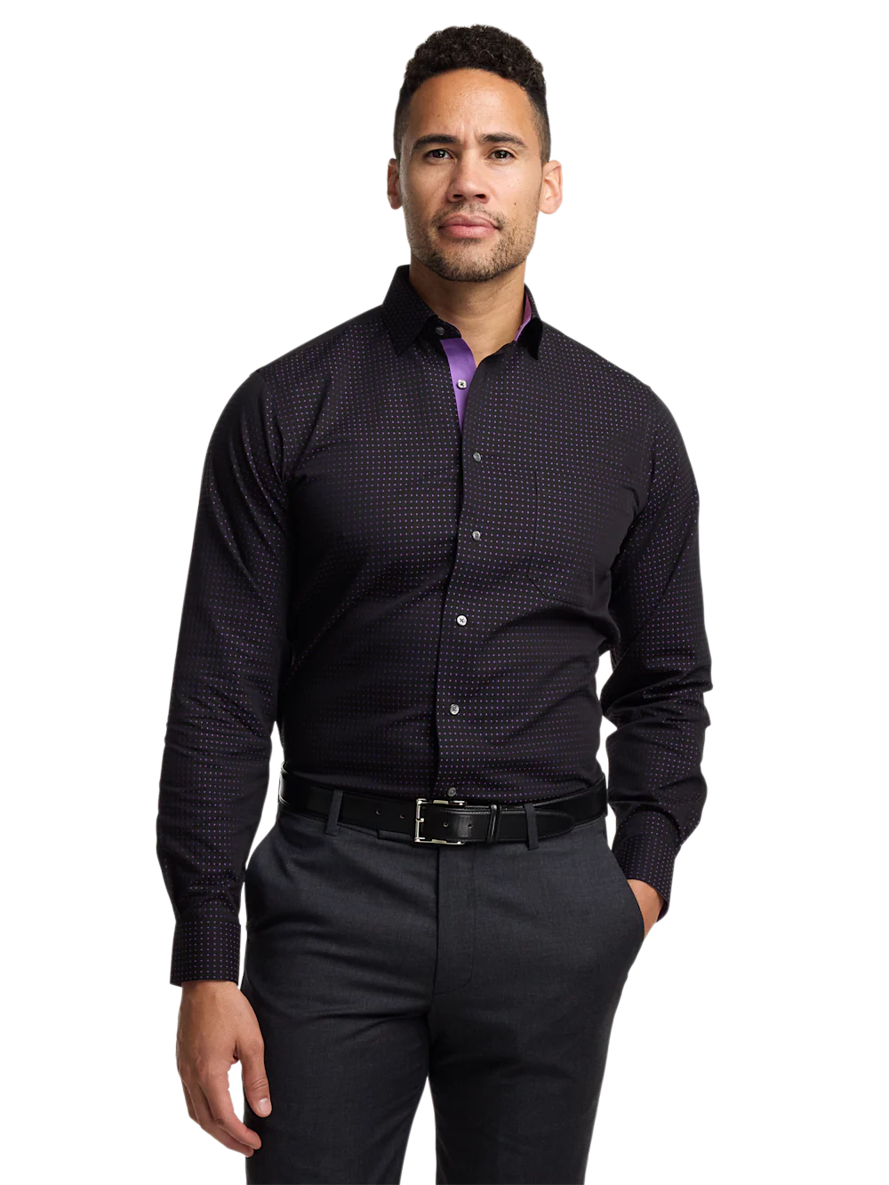 Comfort Stretch Non-Iron Dot Dress Shirt With Contrast Trim - Black/purple - Image 2