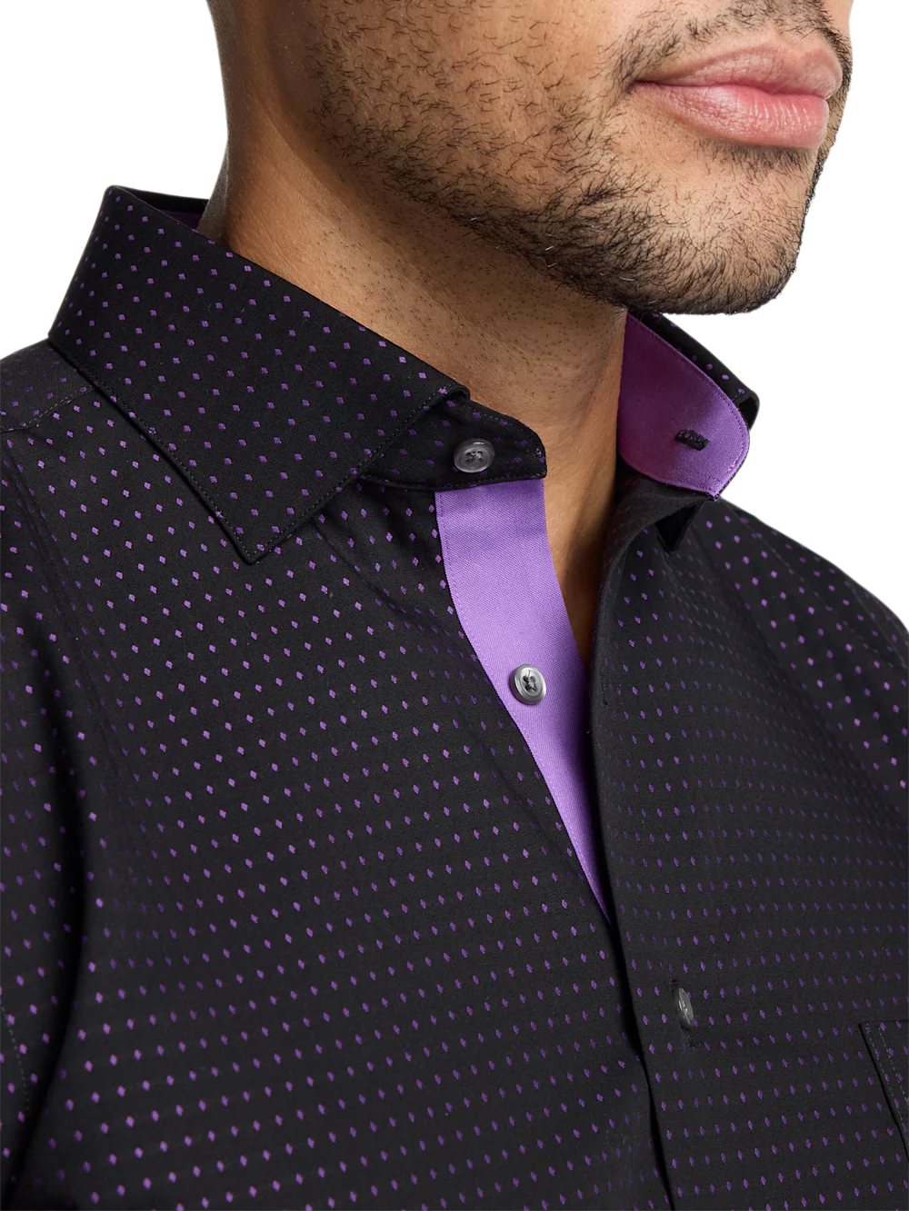 Comfort Stretch Non-Iron Dot Dress Shirt With Contrast Trim - Black/purple - Image 3