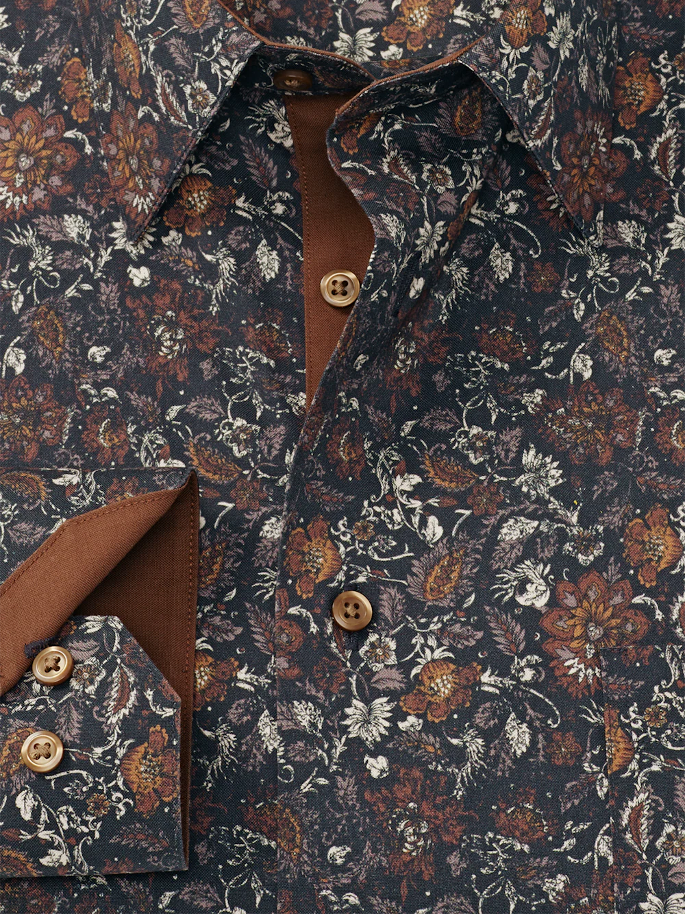 Comfort Stretch Non-Iron Floral Dress Shirt With Contrast Trim - Brown Multi - Image 6