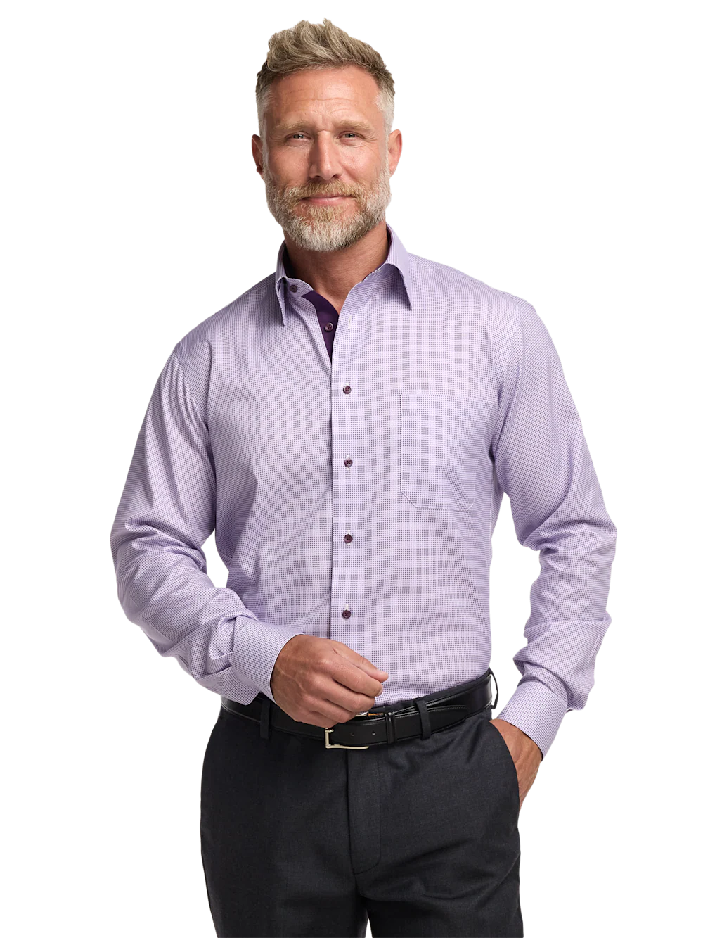 Comfort Stretch Non-Iron Geometric Dress Shirt With Contrast Trim - Purple - Image 2