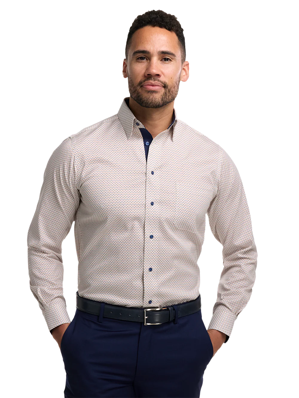 Comfort Stretch Non-Iron Geometric Dress Shirt With Contrast Trim - White Multi - Image 2