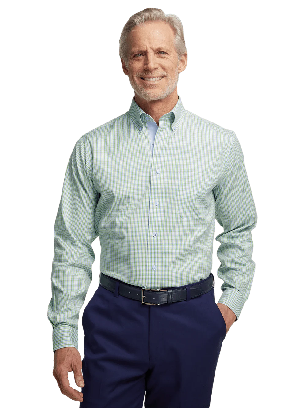 Comfort Stretch Non-Iron Gingham Dress Shirt With Contrast Trim - Blue/green - Image 2