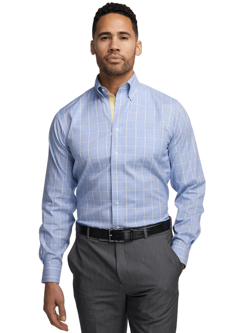 Comfort Stretch Non-Iron Glen Plaid Dress Shirt With Contrast Trim - Blue - Image 2