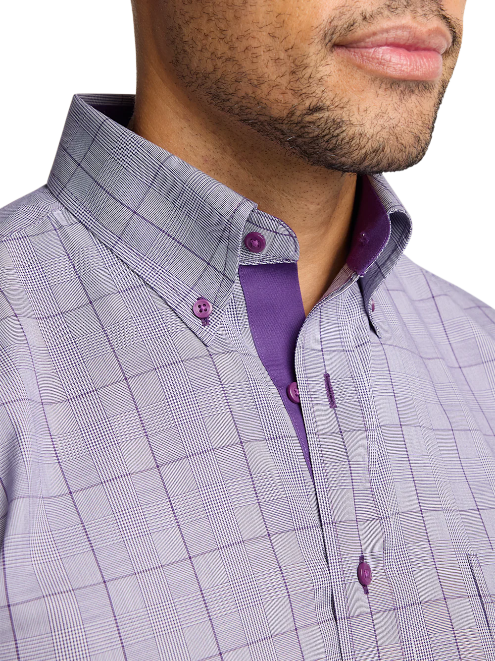 Comfort Stretch Non-Iron Glen Plaid Dress Shirt With Contrast Trim - Purple - Image 3