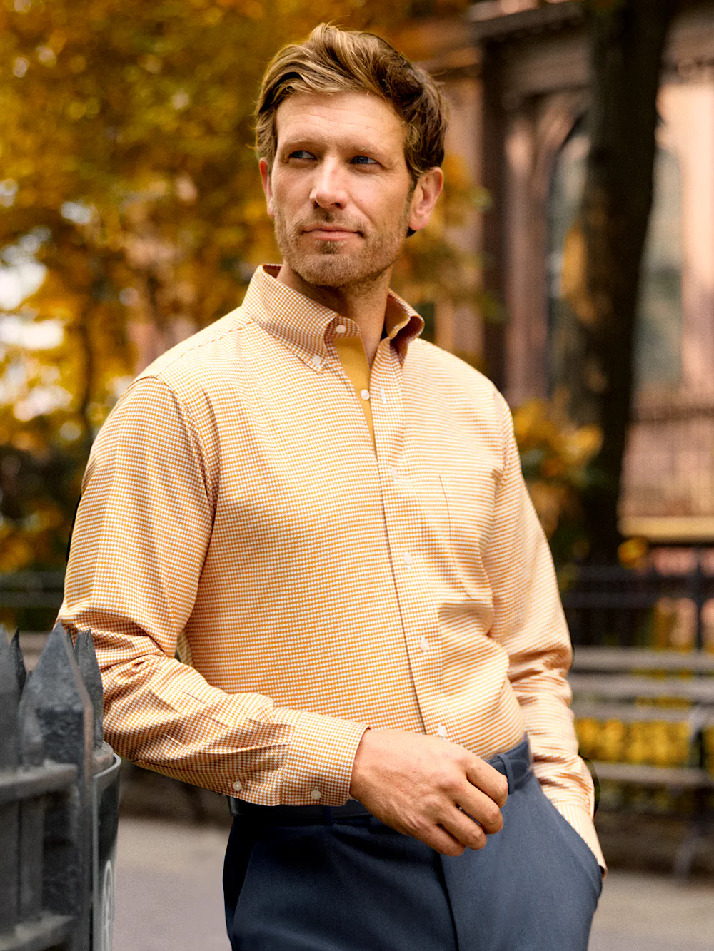 Comfort Stretch Non-Iron Houndstooth Dress Shirt With Contrast Trim - Gold - Image 8