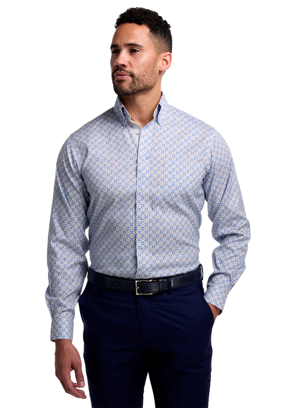 Comfort Stretch Non-Iron Medallion Dress Shirt With Contrast Trim - Blue/melon - Image 2
