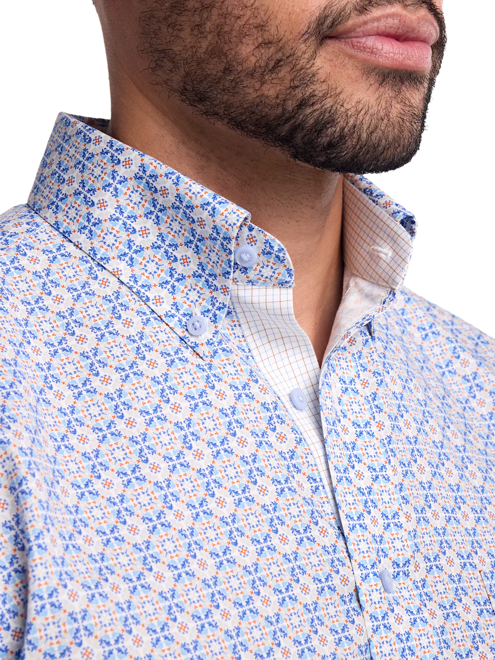 Comfort Stretch Non-Iron Medallion Dress Shirt With Contrast Trim - Blue/melon - Image 3