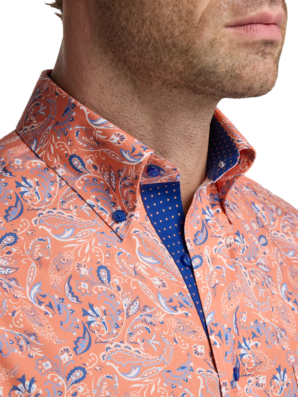 Comfort Stretch Non-Iron Paisley Dress Shirt With Contrast Trim - Melon/navy - Image 3