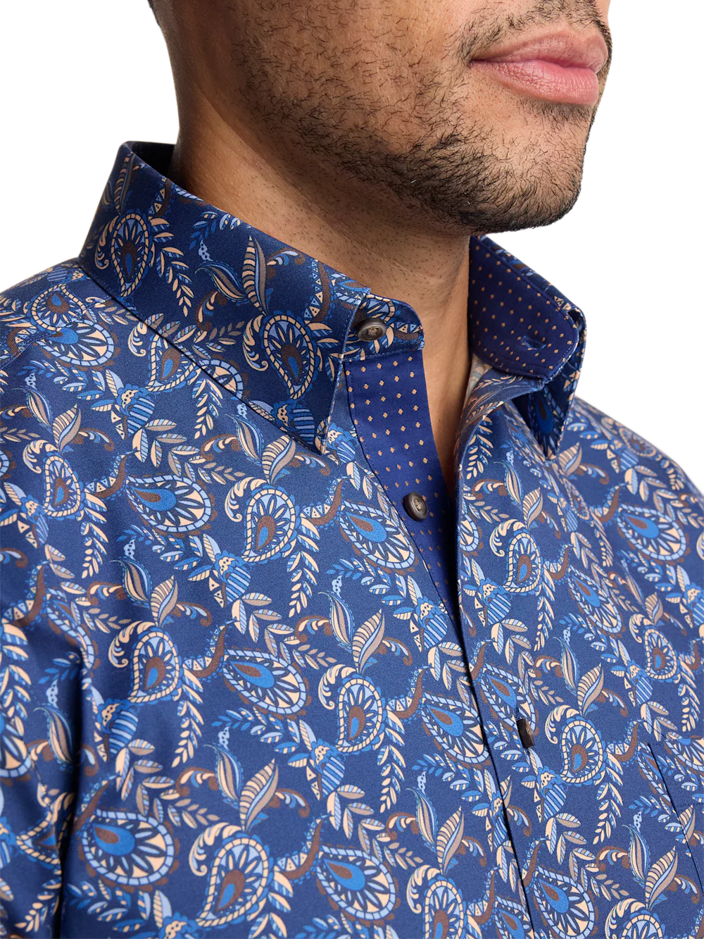 Comfort Stretch Non-Iron Paisley Dress Shirt With Contrast Trim - Navy Multi - Image 3