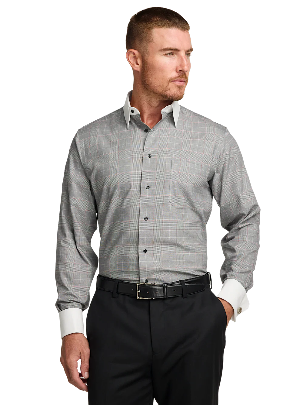 Comfort Stretch Non-Iron Plaid Dress Shirt - Black - Image 2